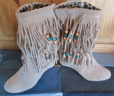 Botas de mujer punta redonda ocultas tacón de cuña con cuentas flecos cremallera lateral media pantorrilla talla 6 Foto 1 de 4