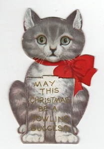 Vintage Christmas Stand Up Card With Cat and Red Bow and Inscription - Bild 1 von 2