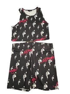 Sz Lg NWOT ED HARDY Black Crop Top Tank Top & Bike Shorts 2pc Skeleton Set - Picture 1 of 11