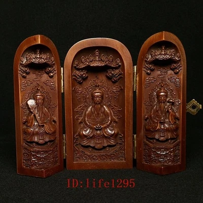 Estatua de la Deidad 3 Tres Puros Taoísmo de boj tallada a mano china antigua de 4 pulgadas Foto 1 de 4