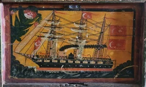 Escena naval otomana en tapa antigua del pecho de dote del Mediterráneo oriental - Imagen 1 de 2