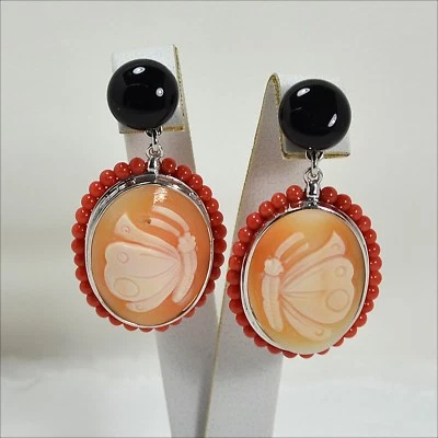 ORECCHINI IN ARGENTO 925 CON ONICE CORALLO ROSSO E CAMMEI FARFALLE AGHT 0422 - Immagine 1 di 3