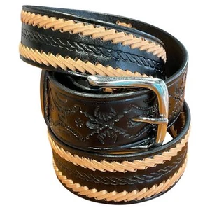 Black Leather Mens 40 Western Belt Tan Dark Brown Stitching Southwest Cowboy - Picture 1 of 9