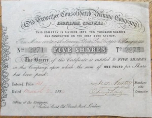 Mining 1854 Stock Certificate, Old Trewether Consolidated, Endellion Cornwall UK - Picture 1 of 1