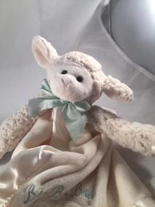 Bearington Baby Lamb Security Blanket Lovey Cream Ivory Plush Satin Green Bow - Picture 1 of 10