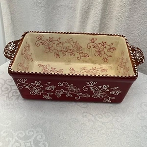 Temptations Floral Lace Bakeware Rectangular Dish Burgundy Red & Cream 1.5 QT Ce - Picture 1 of 7