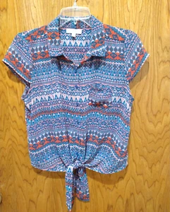 LOVE FIRE collared blouse *L Sheer Button-down Cap Sleeves Polyester bluish EUC - Picture 1 of 3