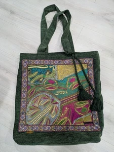 Green Chenille Embroidered Brocade Gold Accent Multi Textile Hobo Boho Tote Bag - Picture 1 of 14