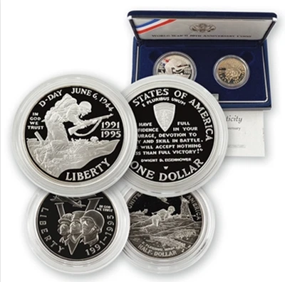 1991-1995 Proof World War II 50th Silver Dollar & Clad Half 2 Coin Set PROOF 🔥 - Image 1 of 4