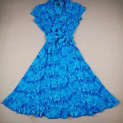 MSK 透明荷叶边浪漫连衣裙 12 码领带飘动袖蓝色/金色 — 第 1/4 张图片