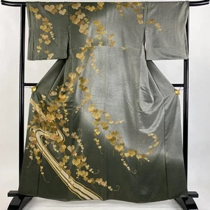 Woman Japanese Kimono Houmongi Silk Ivy Flowing water Gold Foil Deep green 162cm - Picture 1 of 6