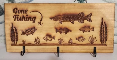 12" x 6" Wood Hand Wood Burned  Gone Fishing Mail And Key Holder - Image 1 of 2