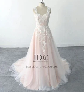 Classic Blush Bridal Gown Lace Wedding Dress Custom made 2-28 Plus Size Straps - Picture 1 of 7
