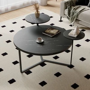 Coffee Table W/ Two Display Shelves,Faux Marble Surfaces,Rounded Tabletop Edges - Picture 1 of 17