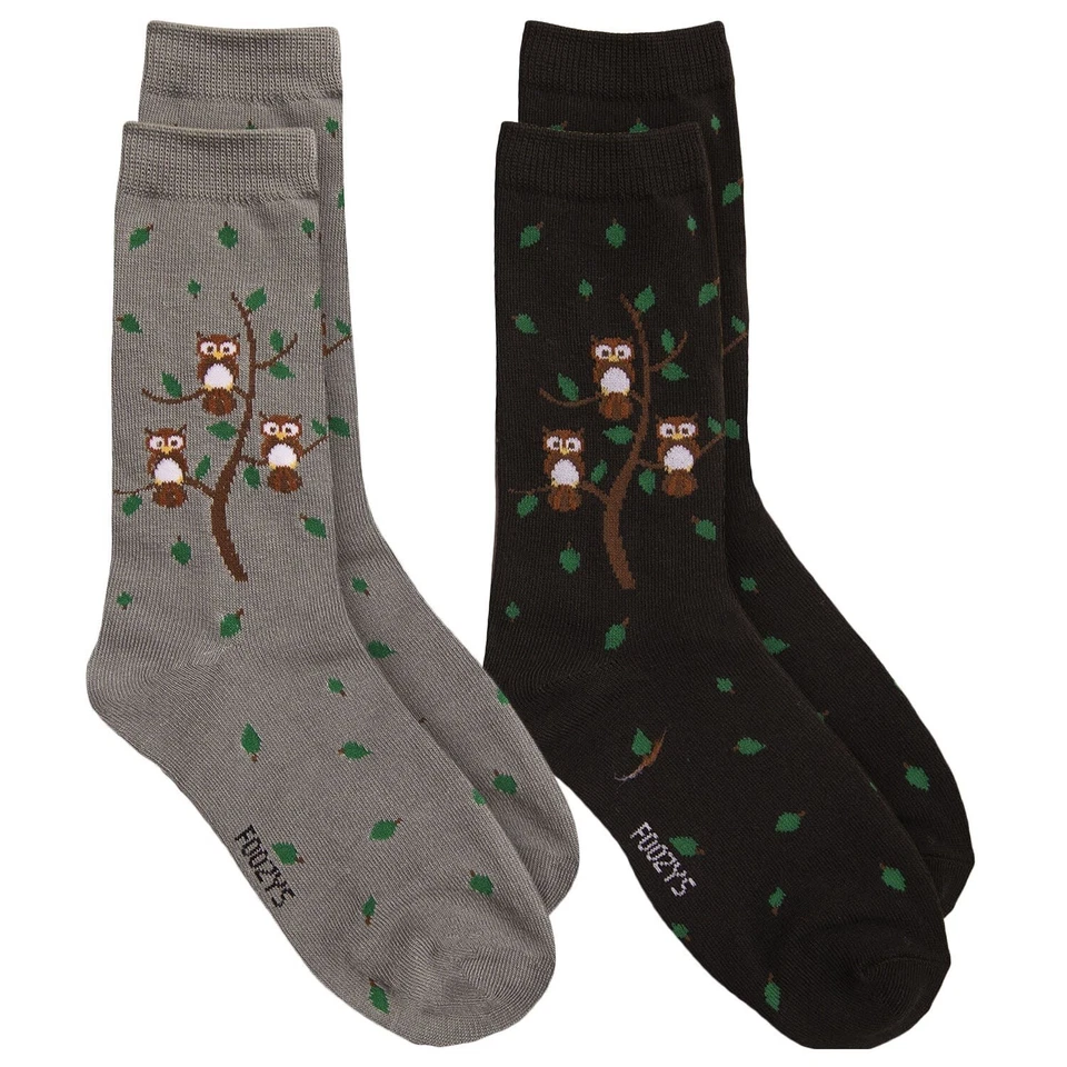 Foozys Novelty Fun Socks Womens Ladies Girls Sox Owl Print 2 Pairs Grey Black