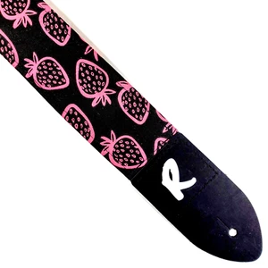 Correa de guitarra rosa fresa sobre negra - Correa de guitarra fresas - Fresa - Imagen 1 de 8