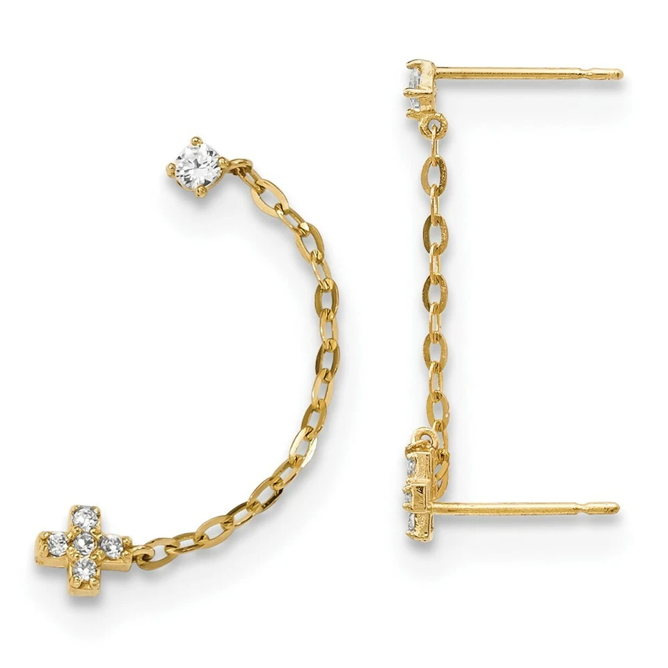 14k Madi K Double Post W/chain CZ Cross Earring (single) Gk971