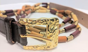 Brown Leather Wooded Beaded Women's Belt Sz L EXPRESS Retro Vintage Boho Hippie - Picture 1 of 8