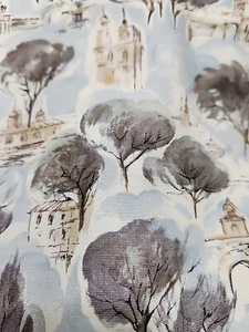 Tessuto da cortile trapuntato cotone alberi di Parigi acquerello grigio blu beige - Foto 1 di 1