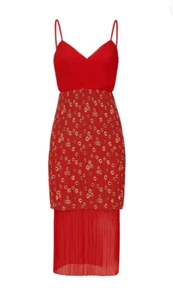 Neu mit Etikett Fame & Partners Damen 4 kirschrot Blumen Plissee Midi V-Ausschnitt Stufenkleid - Bild 1 von 10