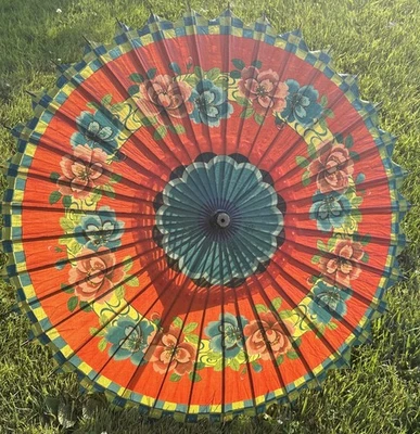 Vintage Japanese Chinese Bamboo Rice Paper Wood Umbrella Parasol - Image 1 of 4