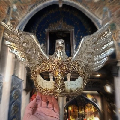 Ручной работы венецианский Macramè кружева маскарад мяч маска барокко серебро Феникс  - Изображение 1 из 4