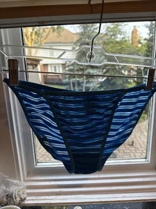 Vtg Satin And Shear Stripped  Shiny Satin String Bikini Panties Blue  L - Picture 1 of 11