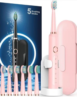 1Pack Pink Electric Ultrasonic Soft Bristle Toothbrush Rechargeable Travel Case - Image 1 of 4