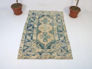 Alfombra vintage anudada a mano beige azul tribal medallón geométrico 4x6 pies - Imagen 1 de 11