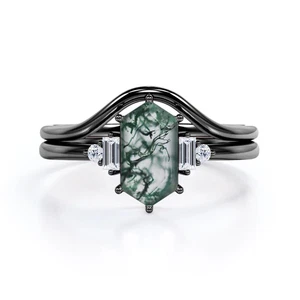 Anillo de moissanita hexagonal moderno de cinco piedras de plata de ley 925 con ágata musgo de 0,8 quilates - Imagen 1 de 8