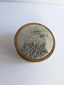 Vintage Americano Bald Eagle Etched Wooden Round Trinket Box 3” X 1.75” Tall - Picture 1 of 6
