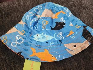 Handmade Reversible Kids Sun Hat with Ocean Sharks NEW 0-6 months (small) - Picture 1 of 5