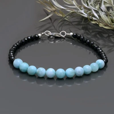 Pulsera Natural Negra Espinela y Larimar Suave Cuentas Redondas, Hermosa Multi Foto 1 de 2