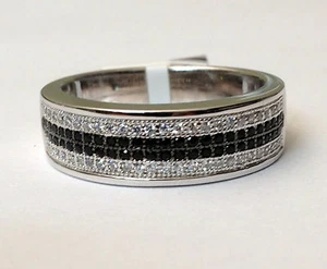 MENS WEDDING BAND Sterling Silver Anniversary Ring Round Black and White CZ  - Picture 1 of 12