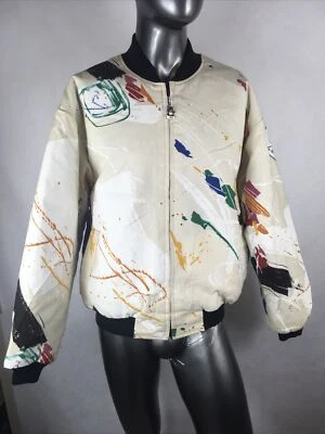 Chaqueta De Colección Para Hombre Cómoda Informal Salpicaduras de Pintura Sobre Lona Cremallera Completa EE. UU. Talla Lg Difícil de Encontrar🔥 Foto 1 de 4
