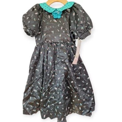 Vestido De Colección Años 80 Negro Satinado Floral Cuello Peter Pan Manga Abullonada Niñas Talla 6 Foto 1 de 4