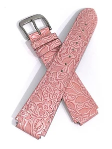 16mm Aqua Master Notched Pink Flowers Floral Hand Made Leather Watch Band Strap - Picture 1 of 4