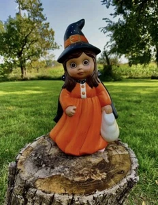 Halloween Ceramic Girl Witch costume holding a Bage of candy 11 " Tall - Picture 1 of 8