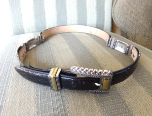 BRIGHTON WOMENS SZ M MEDIUM BLACK LEATHER BELT WITH SILVER & GOLD TONE DECOR GUC - Picture 1 of 12