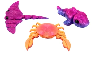 3 Stück - 3D gedruckte Meereslebewesen Zappeln, Gelenk, Krabbe, Stachelrochen & Hai - Bild 1 von 13