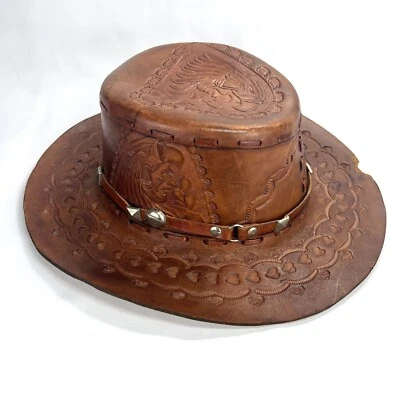 Sombrero de Vaquero de Cuero Repujado Tooled Marrón Nativo Jefe Águila Occidental Hecho a Mano VER Foto 1 de 4