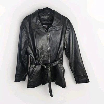 De Colección WILSONS LEATHER Chaqueta de Cuero Negra Para Mujer Grande Cinturón Midi Gabardina  Foto 1 de 4