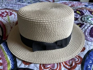 Summer Boater Paper Staw Hat Short Brim Black Ribbon Men Women Sz M/L 55.5cm EUC - Picture 1 of 13