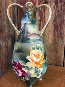 Royal Nippon Double Handle Vase Red Yellow Flowers 12" Hand Painted - Picture 1 of 7