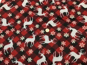 Snuggle Flannel Fabric Reindeer and Snowflakes on Black & Red Checked 2+ yrds - Picture 1 of 5