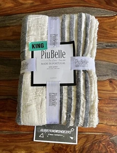 Piu Belle Fine Linen KING Quit Cream Grey Stripe Raw Edge 100% Cotton 104” X 94” - Picture 1 of 4