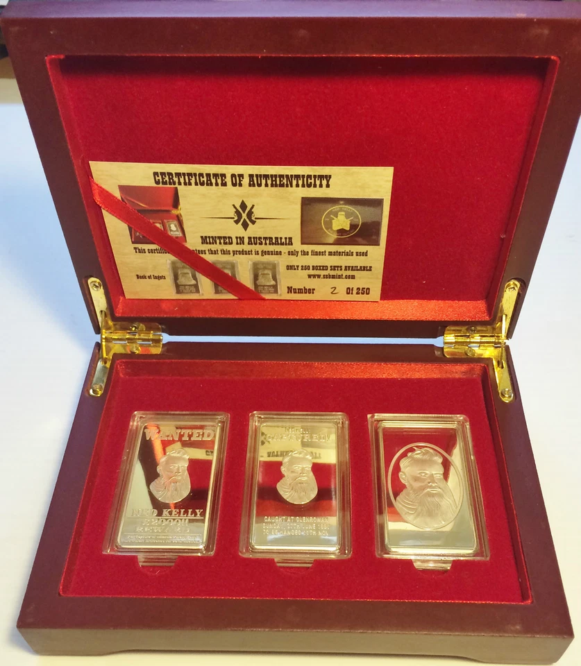 NED KELLY Set Of 3 x 1oz Ingots With Display Box Finished in 999 Silver LTD - image 1 of 4