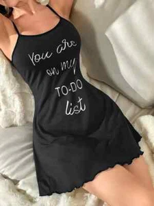 NEW MEDIUM Black Poly Elastane Pajama Dress. Sleeveless Round Neck, White Print - Picture 1 of 5