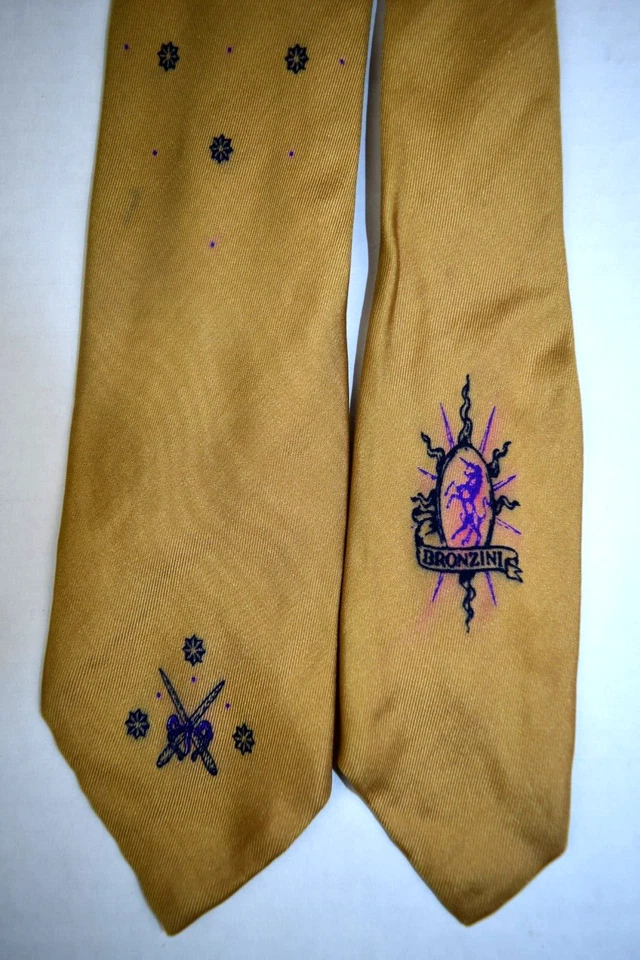 Corbata de Colección Bronzini Años 50 60 Dorado Bronceado Medallón Púrpura Unicornio 54 x 2.75" Foto 1 de 4