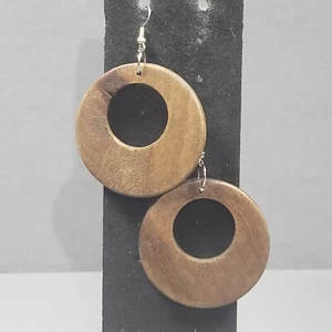 Dangle Hoop Earrings Brown Wooden Retro Mid Century Modernist Boho Pierced 2.75" - Picture 1 of 9
